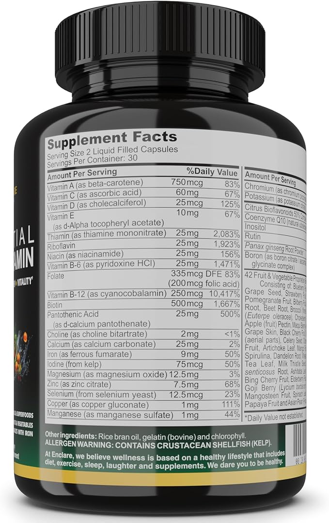 Essential Multivitamin for Women &amp Men – Complete Daily Multi Vitamin with Vitamin D C B12 &amp B Vitamins + Minerals Folic Acid Iron Zinc – 42 Fruit &amp Vegetable Superfood Blend – 60 Liq