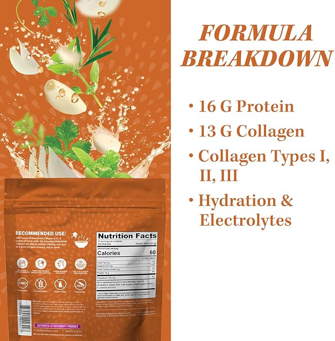 Vitauthority Multi Collagen Burn Capsules: Hydrolyzed Protein Peptides with Hyaluronic Acid and Bone Broth Collagen Delicious Chicken Noodle Flavored - Packed with 16g of Protein
