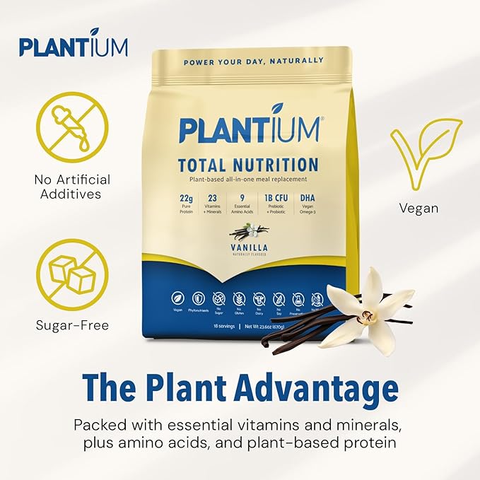 Plantium Total Nutrition Premium All-in-One Meal Replacement Shake Plant-Based Protein Powder with Vitamins Minerals &amp Probiotics 22g Protein per Serving Vanilla
