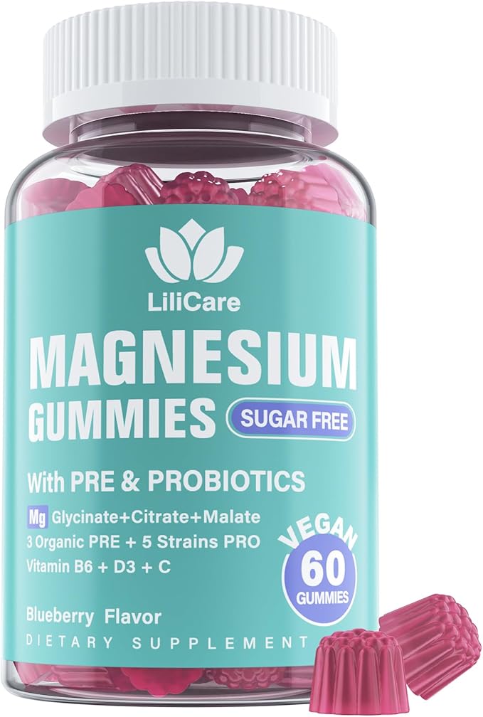 Triple Magnesium Complex Gummies 400mg with Prebiotics &amp Probiotics 5 Billion CFUs Magnesium Glycinate Supplement Gummies with Vitamin B6 D3 &amp C for Muscles &amp Mood - 60 Count (Pack of 1