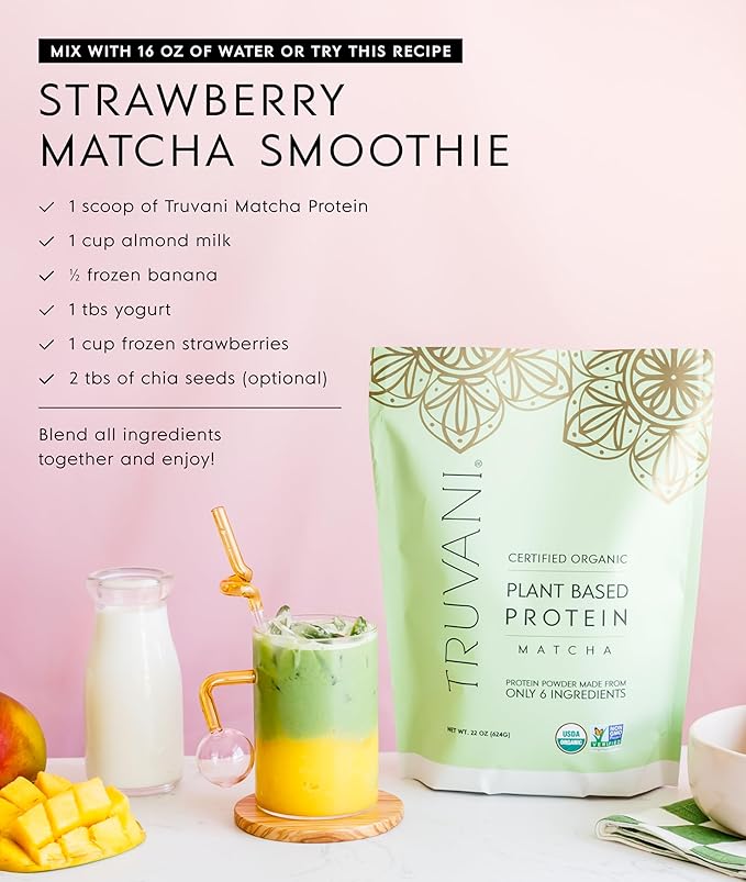 Truvani Vegan Pea Protein Powder | Matcha | 20g Organic Plant Based Protein | 20 Servings | Keto | Gluten &amp Dairy Free | Low Carb | No Added Sugar