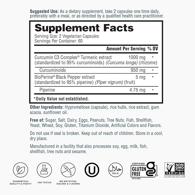 Nature's Lab Turmeric Curcumin C3 Complex 1000mg - Turmeric Extract 1000mg &amp BioPerine 5mg Standardized to 95% Promotes Cardiovascular Immune Joint Skin Health - 120 Capsules (60 Day Supply)