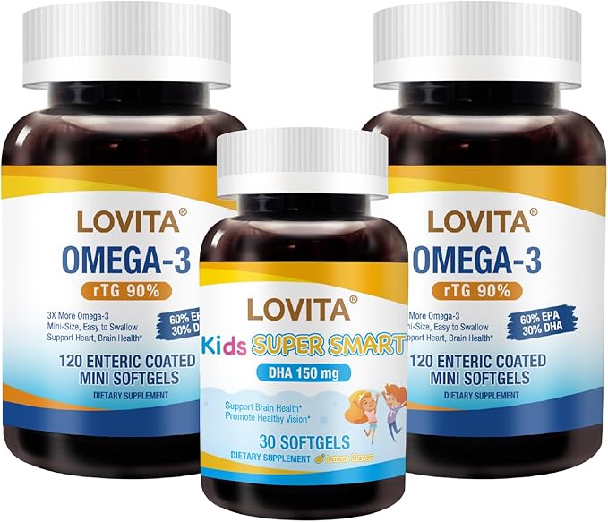 LOVITA Family Starter Bundle - 2 Adult Fish Oil Mini Softgels &amp 1 Kid’s DHA Heart &amp Brain Support for Whole Family (3 Pc Set)