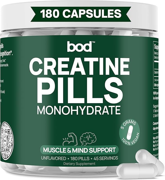 Bod Creatine Monohydrate Capsules – 45 Servings (4 Capsules = 5 g) – Ultra-Pure 200 Mesh Creatine Monohydrate – Strength Power Muscle Growth &amp Recovery