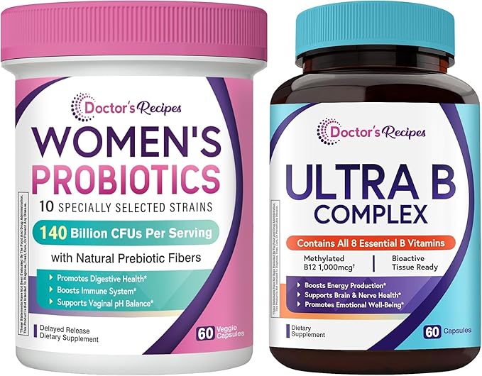 Doctor's Recipes Probiotics for Women + Ultra Vitamin B Complex Bundle 140 Billion CFU Probiotics with Organic Prebiotics 10 Strains Plus All 8 Essential B Vitamins with B12 Methylcobalamin Daily