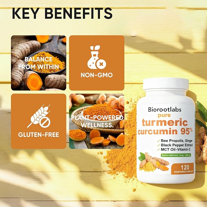 Biorootlabs Turmeric Curcumin Supplement 1000mg – 95% Curcuminoids with Ginger Bee Propolis Black Pepper MCT Oil – High Absorption Formula for Wellness &amp Immune Support – 120 Capsules(1)