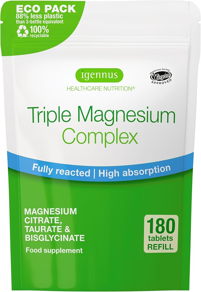 Igennus Superior Triple Magnesium Complex Fully Reacted &amp Chelated Glycinate Taurate &amp Citrate Clean Label High Bioavailability &amp Absorption 180 Tablets Vegan Non-Buffered
