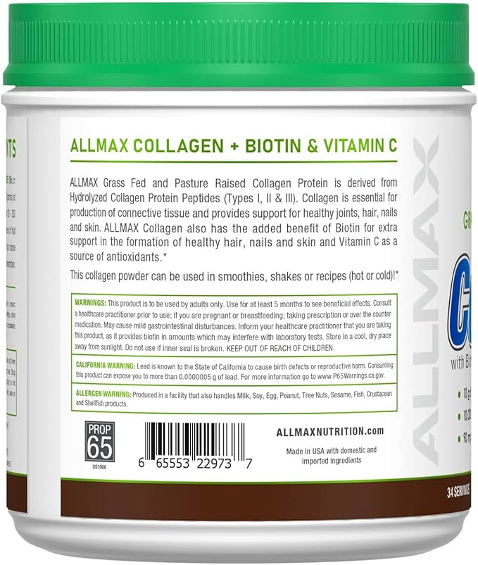 ALLMAX Collagen Powder Grass Fed &amp Pasture Raised – with Biotin (10000 mcg) &amp Vitamin C (90 mg) (440 Grams Chocolate)