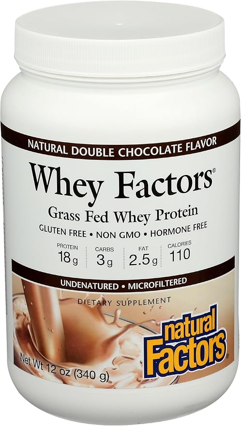 Whey Factors by Natural Factors Grass Fed Whey Protein Concentrate Aids Muscle Development and Immune Health Double Chocolate 12 Oz
