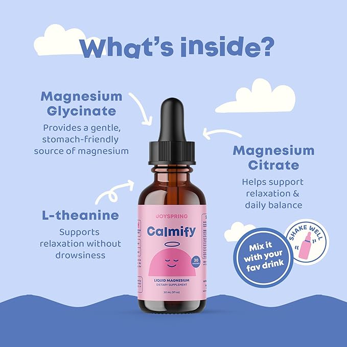 JoySpring Calmify Magnesium Glycinate for Kids | Liquid Magnesium with L-Theanine Supplement | Chamomile Extract &amp Passion Flower Extract | Sugar-Free Calm Drops | 1 fl oz (30 Servings)