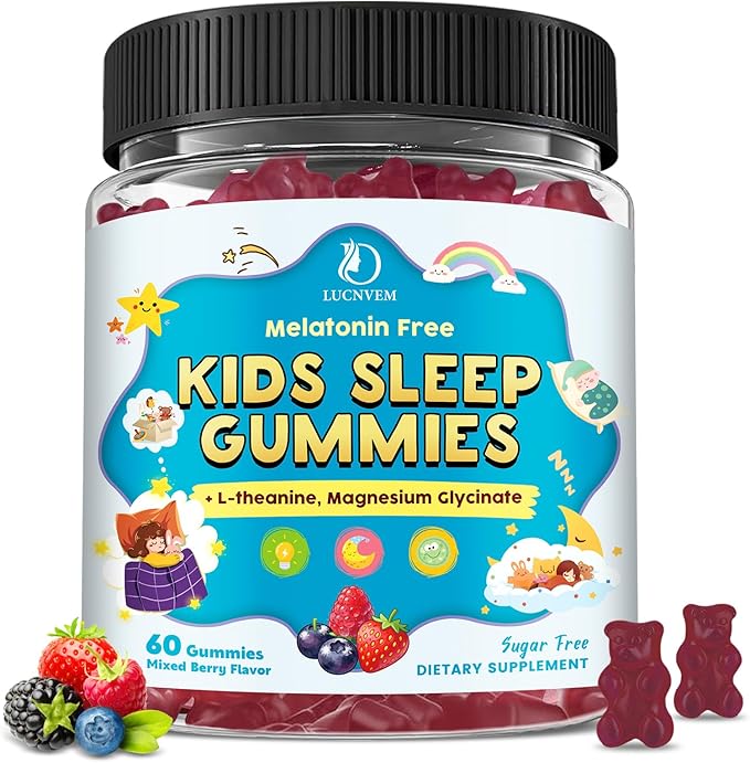 Kids Sleep Gummies with Magnesium Glycinate – Melatonin Free Bedtime Support for Kids – Calm &amp Relaxation with L-Theanine GABA Chamomile &amp Lemon Balm – Sugar Free Mixed Berry Flavor 60 Gumm