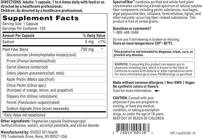 Klaire Labs SFI Health Spectrafiber - Hypoallergenic 9 Soluble Fiber Blend with Apple Pectin &amp Glucomannan No Psyllium &amp Gluten-Free (120 Capsules)