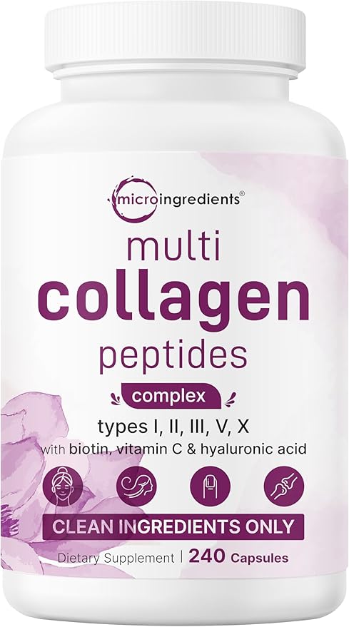 Micro Ingredients Multi Collagen Pills for Women &amp Men 240 Capsules | Type I II III V X | Hydrolyzed Peptides with Biotin Hyaluronic Acid &amp Fat Soluble Vitamin C Complex | Non-GMO Fill
