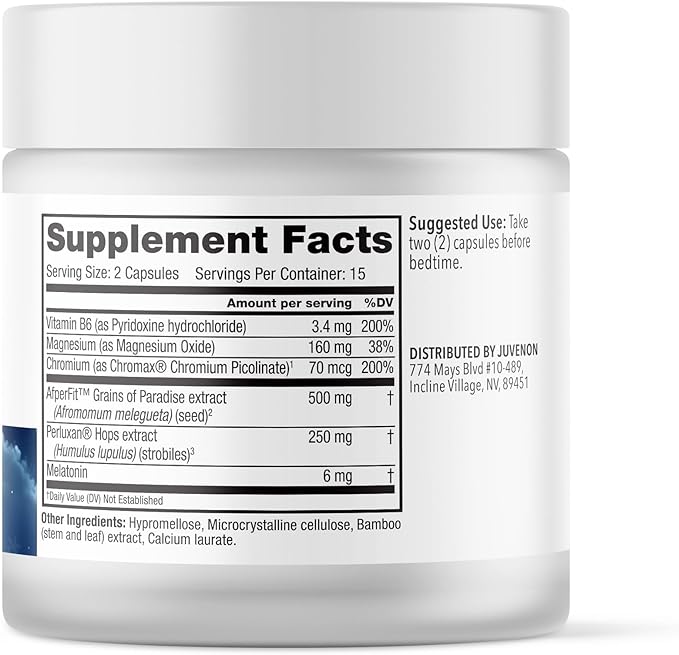 Juvenon Dream Away the Fat® – Nighttime Support with Melatonin Grains of Paradise &amp Chromium – Relaxation &amp Metabolism Support While You Rest – 30 Capsules (15 Servings)