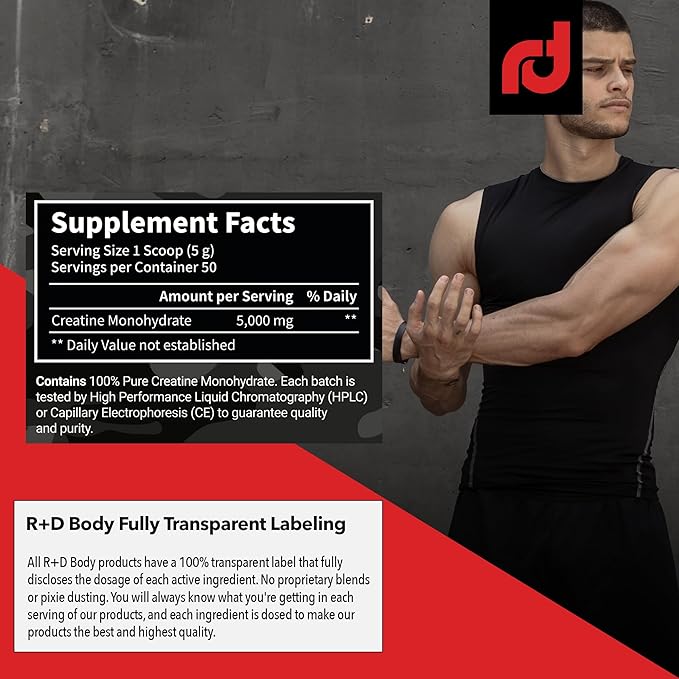 R&ampD Body Micronized Creatine Monohydrate - 100% Pure High Potency Formula for Enhanced Strength Power and Endurance 5g per Serving 250g