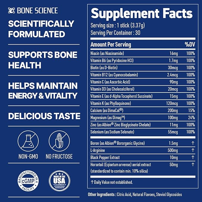 BONE SCIENCE Prime Height Multivitamin Powder for Kids &amp Teens Bone &amp Immune Support Sugar-Free Lemon Lime Flavor 16 Key Nutrients Easy Drink Mix 30 Sticks