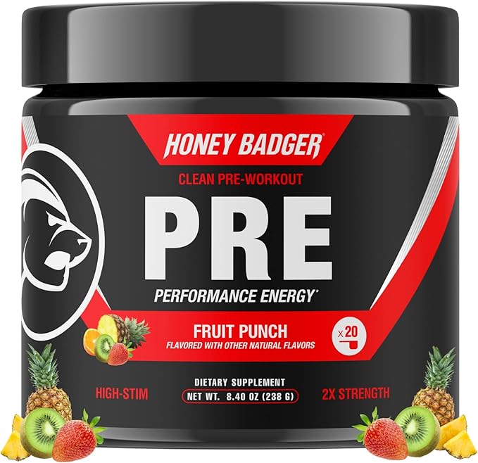 Honey Badger Pre Workout Powder Keto Vegan Preworkout for Men &amp Women Beta Alanine &amp Caffeine Sugar Free Natural Energy Supplement Fruit Punch (High-Stim)