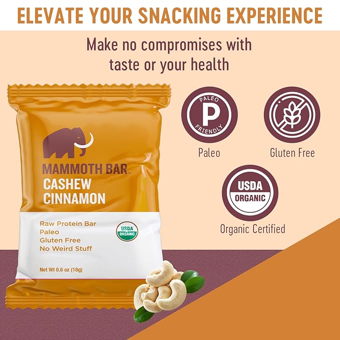 Mammoth Bar Cashew Cinnamon Mini Bar - Mini Organic Snack Bar Packed with 4g Protein. Made with Cinnamon Paleo &amp Gluten Free • Raw - 16 Mini Bars