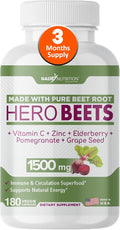 Gade Nutrition Hero Beets - Beet Root Capsules 1500mg - Organic Beet Root Powder + Vitamin C Zinc Elderberry Pomegranate Grape Seed Extract - 3 Months Supply