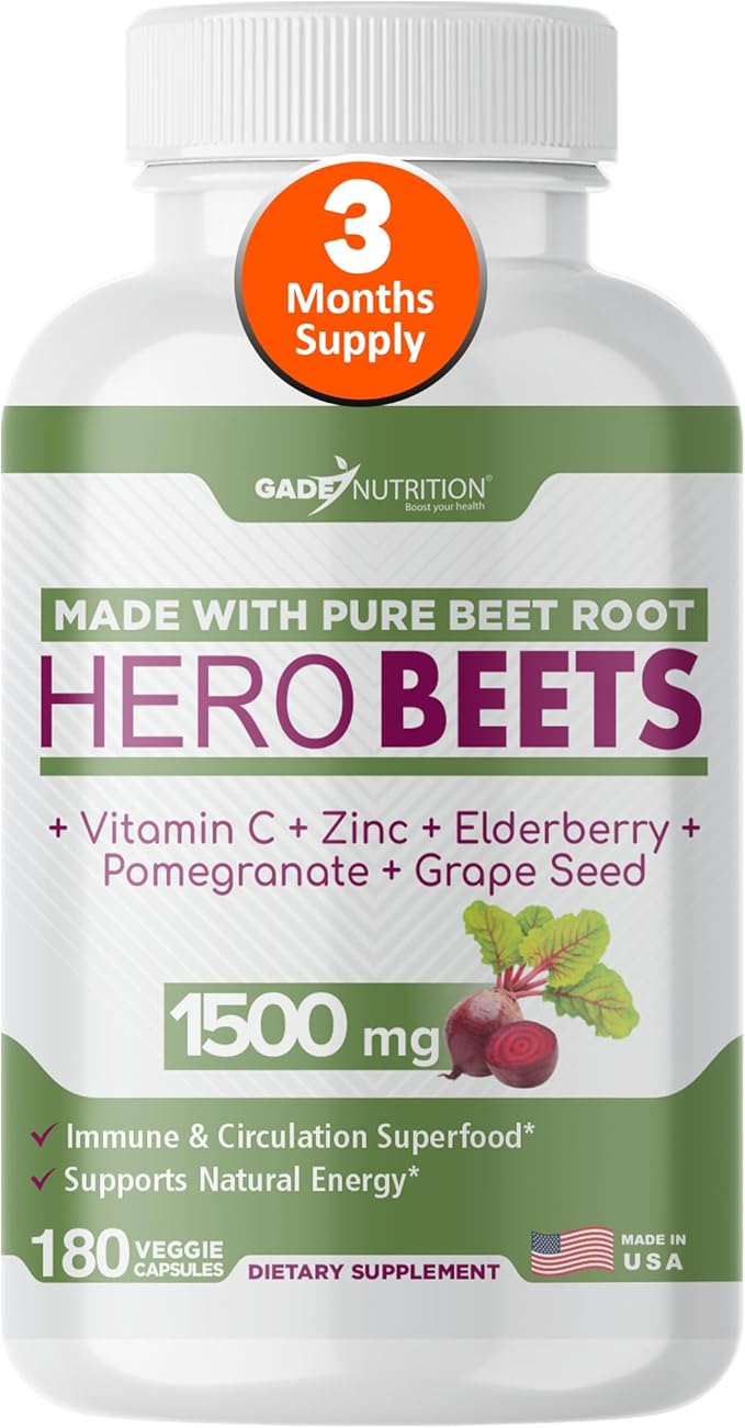 Gade Nutrition Hero Beets - Beet Root Capsules 1500mg - Organic Beet Root Powder + Vitamin C Zinc Elderberry Pomegranate Grape Seed Extract - 3 Months Supply