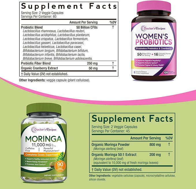 Doctor's Recipes Moringa 11000 mg Strength 90 Caps and Women’s Probiotic Bundle 120 Caps