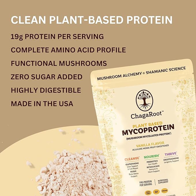 Mycoprotein Mushroom Protein Powder Vanilla - 19g of Vegan Protein Plant Based Superfood Master Blend of Chaga Reishi Turkey Tail Shiitake Lions Mane Coffee Smoothies (1.76 lb)