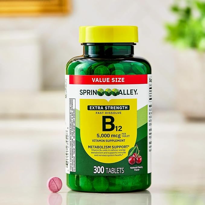 Extra Strength Vitamin B12 Fast-Dissolve Tablets 5000 mcg - Cherry Flavor 300 Count - Daily B12 Supplement (Pack of 1)