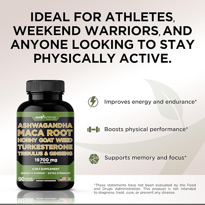 Gade Nutrition Ashwagandha with Maca Root Horny Goat Weed Turkesterone Tribulus Terrestris Panax Ginseng + Nitric Oxide Booster - Bundle for Energy Vitality Performance Pump