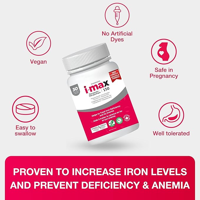 i-max Iron Supplement 150 mg Vitamin C 250 mg &amp B12 1000 mcg Iron Supplement for Women &amp Men No Artificial Dyes Vegan Once Daily 30 Capsules