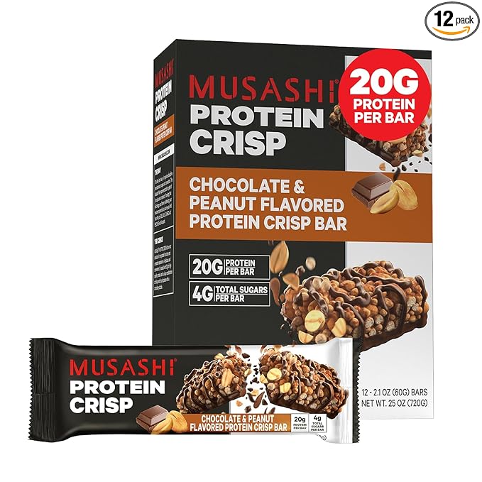 MUSASHI Protein Crisp Bar 20g Protein 4g Total Sugars Chocolate &amp Peanut Post Workout and Snack On The Go 12 Pack of 2.1oz (60g) Bars