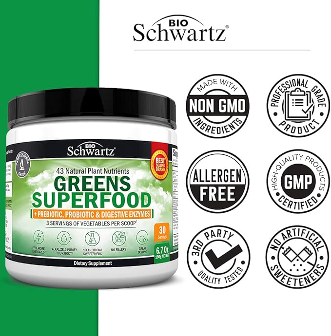 Super Greens Powder with Probiotics Prebiotics and Digestive Enzymes (30 Servings) Plus Advanced Strength Pre and Probiotics Supplement with Digestive Enzymes (1 Month Supply)