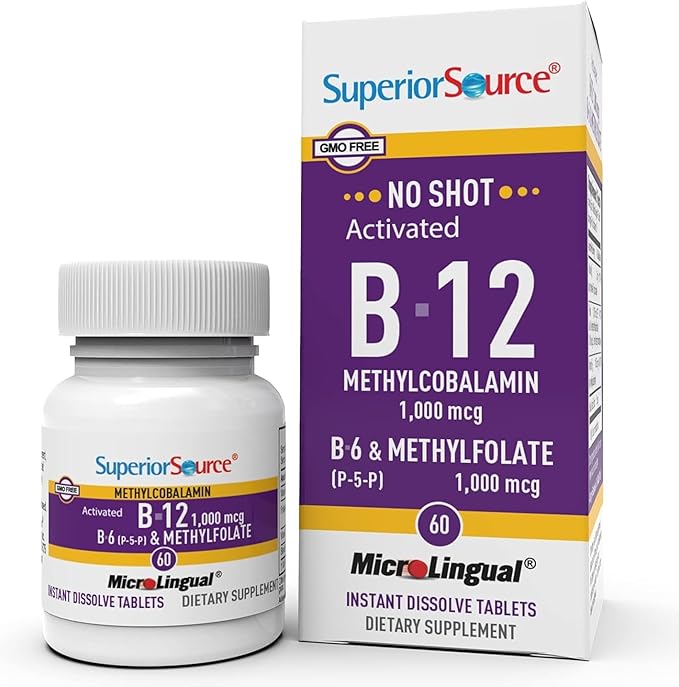 Superior Source No Shot Vitamin B-12 Methylcobalamin 1000 mcg B-6 &amp Methylfolate 1000 mcg - Supports Energy Brain and Heart Health - Bariatric Friendly - 60 Sublingual Dissolving Tablets