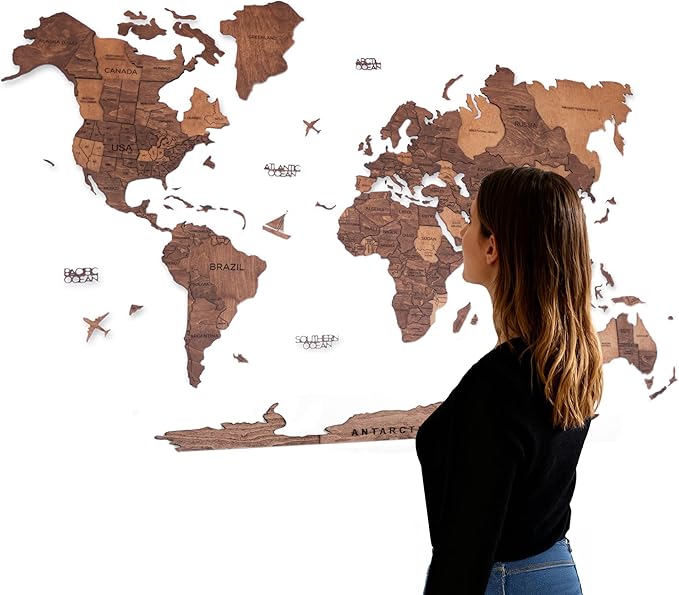 Handmade 3D Wood World Map Wall Art Large Wall Decor Track Your World Travels - Special for Home Kitchen and Office (Large Oak)