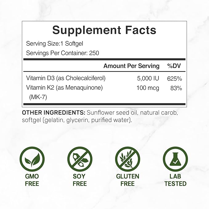 DEAL SUPPLEMENT Vitamin D3 5000 IU + K2 MK7 Softgels 250 Count | 2-in-1 Complex | Easy to Swallow