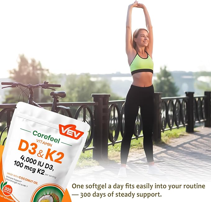 VEV Vitamin D3 K2 4000 IU 100 mcg MK-7 300 Softgels with Coconut Oil Easy to Swallow K2 D3 Vitamin Supplement Daily Nutrient Support