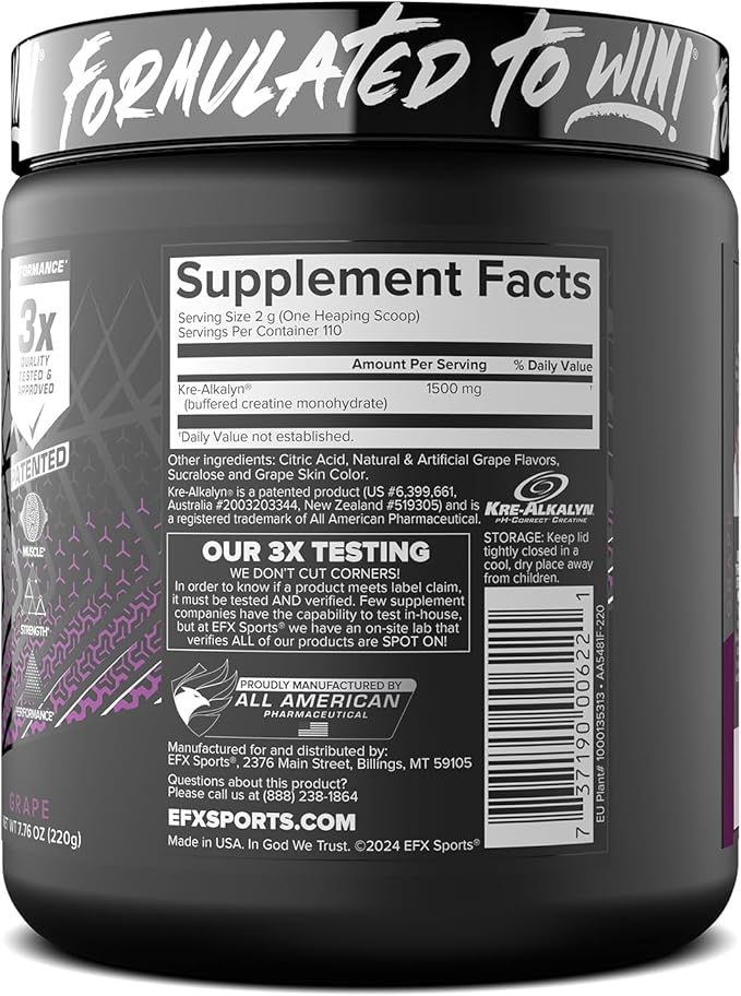 EFX Sports Kre-Alkalyn EFX Powder | pH Correct Creatine Monohydrate Powder Supplement | Strength Muscle Growth &amp Performance | 110 Servings (Grape)