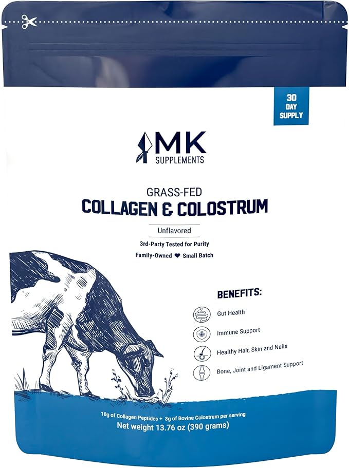 MK Supplements Grass-Fed Collagen &amp Colostrum Powder | 10g Collagen + 3g Colostrum (IgG 21%) Per Serving | Unflavored | Gut Skin &amp Joint Support | 30 Servings