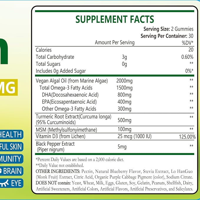 Vegan Omega 3 &amp Turmeric Gummies 2500mg Algae Omega 3 DHA 800mg&ampEPA 400mg with MSM Vitamin D3 Turmeric Root Extract for Brain Eye Joint Fish Oil Supplements Alternative Sugar Free