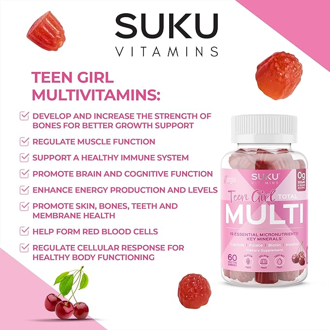 SUKU Teen Girl Multivitamin Gummies – Vitamins A B12 C D3 E Biotin &amp Zinc – Sugar-Free Vegetarian Supplement for Skin Energy Immune &amp Bone Health – Cherry Flavor – 60 Count