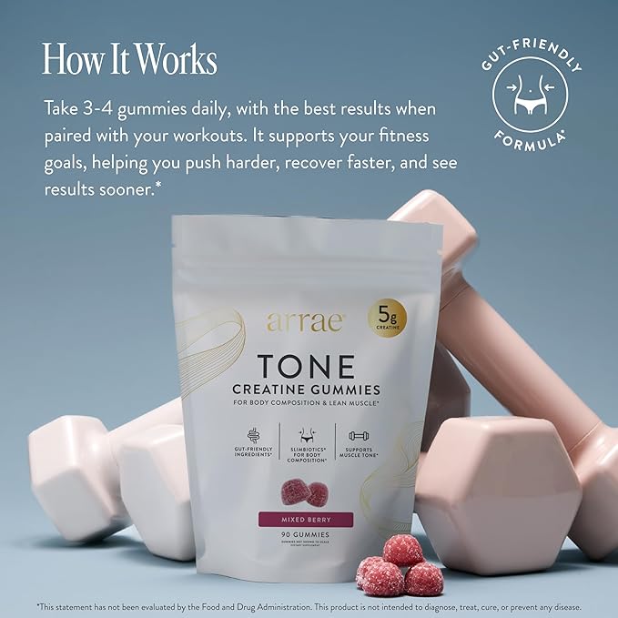 Arrae Tone Gummies – Creatine Monohydrate 5g for Women – Support Lean Muscle Strength &amp Recovery – Hormone-Friendly Muscle Toning Supplement – Mixed Berry Flavor – 90 Count