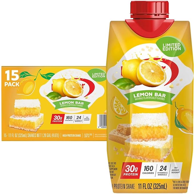 Protein High Protein Shake Lemon Bar 30g Protein 1g Sugar 15 Pack – 11 fl oz Bottles – Low Fat 24 Vitamins &amp Minerals Keto Friendly