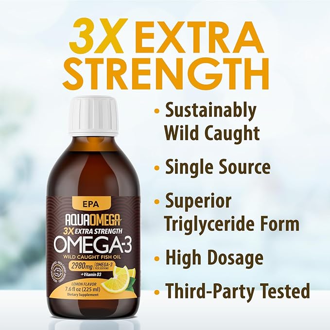 Triple Strength Omega 3 Fish Oil Supplements (2980mg) Wild Caught Fishoil High EPA &amp DHA Liquid Fish Oil Omega 3 with Vitamin D 2000mg EPA and 650mg DHA 7.60floz (225ml) Lemon Flavor
