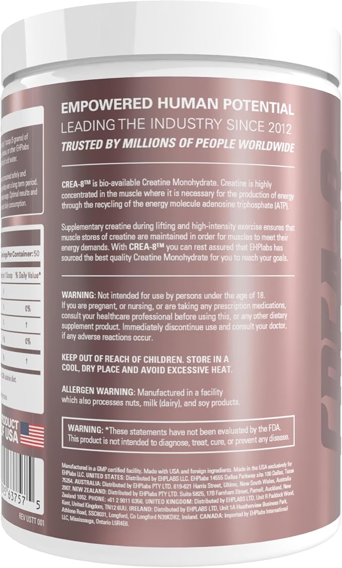 EHP Labs CREA-8 Creatine Monohydrate Powder - Unflavored Creatine Powder for Muscle Growth Increased Strength Enhanced Energy Output and Improved Performance - 50 Servings (250g)