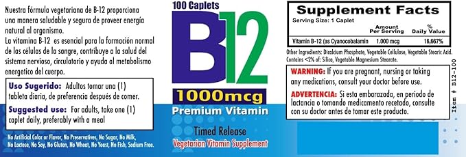 Nutrisalud Products Vitamina B12 de alta potencia 1000mcg Set de 2 frascos con 100 tabletas c/u. Combate Anemia fatiga aumenta la energia revitaliza el sistema nervioso.
