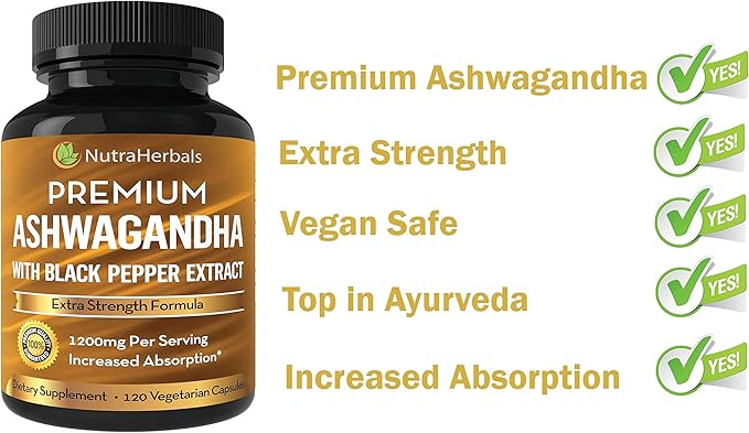 Ashwagandha Supplement Made with Premium Ashwaganda Root Powder 1200mg with Black Pepper Extract for Increased Absorption - 120 Capsules