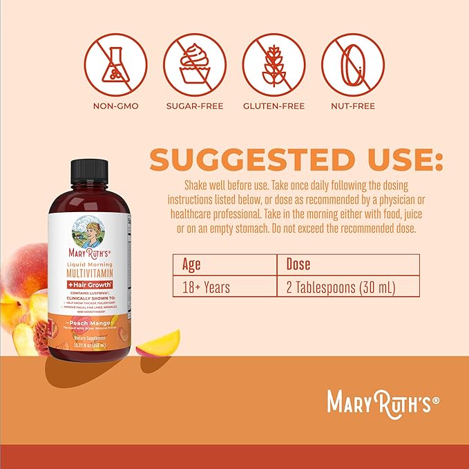 MaryRuth's MaryRuth's Liquid Morning Multivitamin +Hair Growth (Peach Mango 15.22oz) &amp Iron Liquid (Berry) | Clean Label Project Verified® | Beauty Immunity &amp Overall Health | Vegan Non-GM
