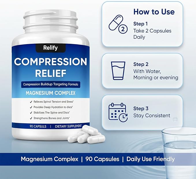 Relify Compression Relief Capsules with 1000mg Magnesium Complex for Women &amp Men Support Back Spine &amp Discs Reduces Pressure Non-GMO 90 Capsules