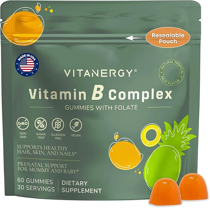 Vitamin B Complex Gummies for Women - 7 Essential Vitamins and Iron Energy Immune Prenatal Support Portable Pouch Tropical Flavor Made in USA 60 Count