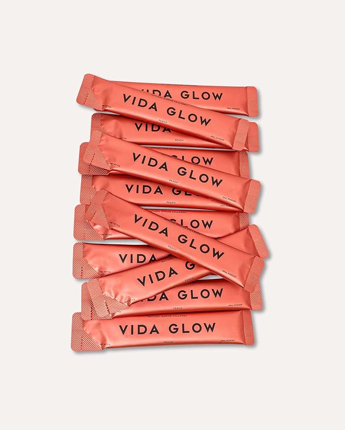 Vida Glow Marine Collagen Powder - Anti Aging Supplement with Collagen Peptides Promotes Glowing Skin Strong Nails Healthy Hair | 30 Servings Peach Flavor