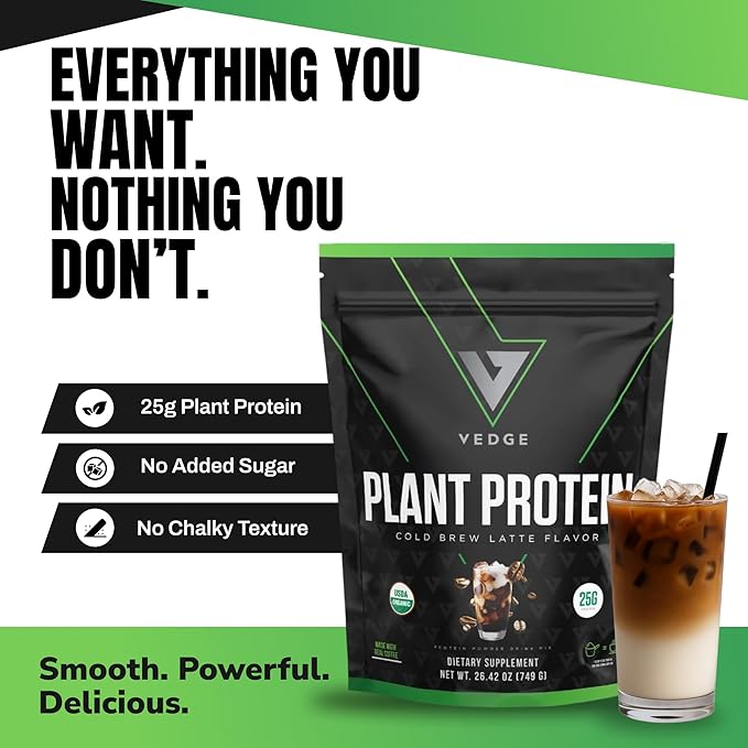 VEDGE Vegan Protein Powder - Plant Protein Powder with Pea Pumpkin &amp Sunflower - USDA Organic Amino Acids Dairy Free Gluten Free Soy Free Keto Non GMO - Cold Brew Latte - 20 Servings